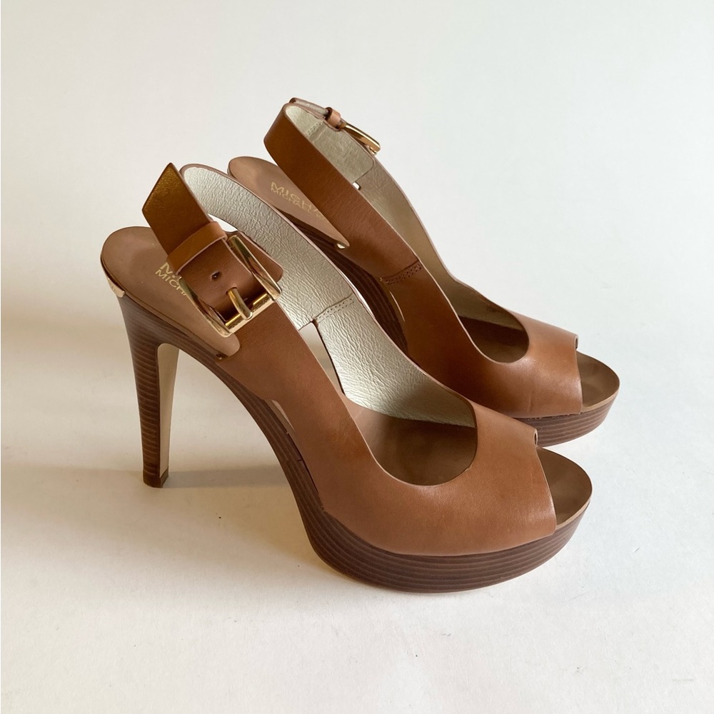 Michael Kors Brown Leather Peep-Toe Platform Heels